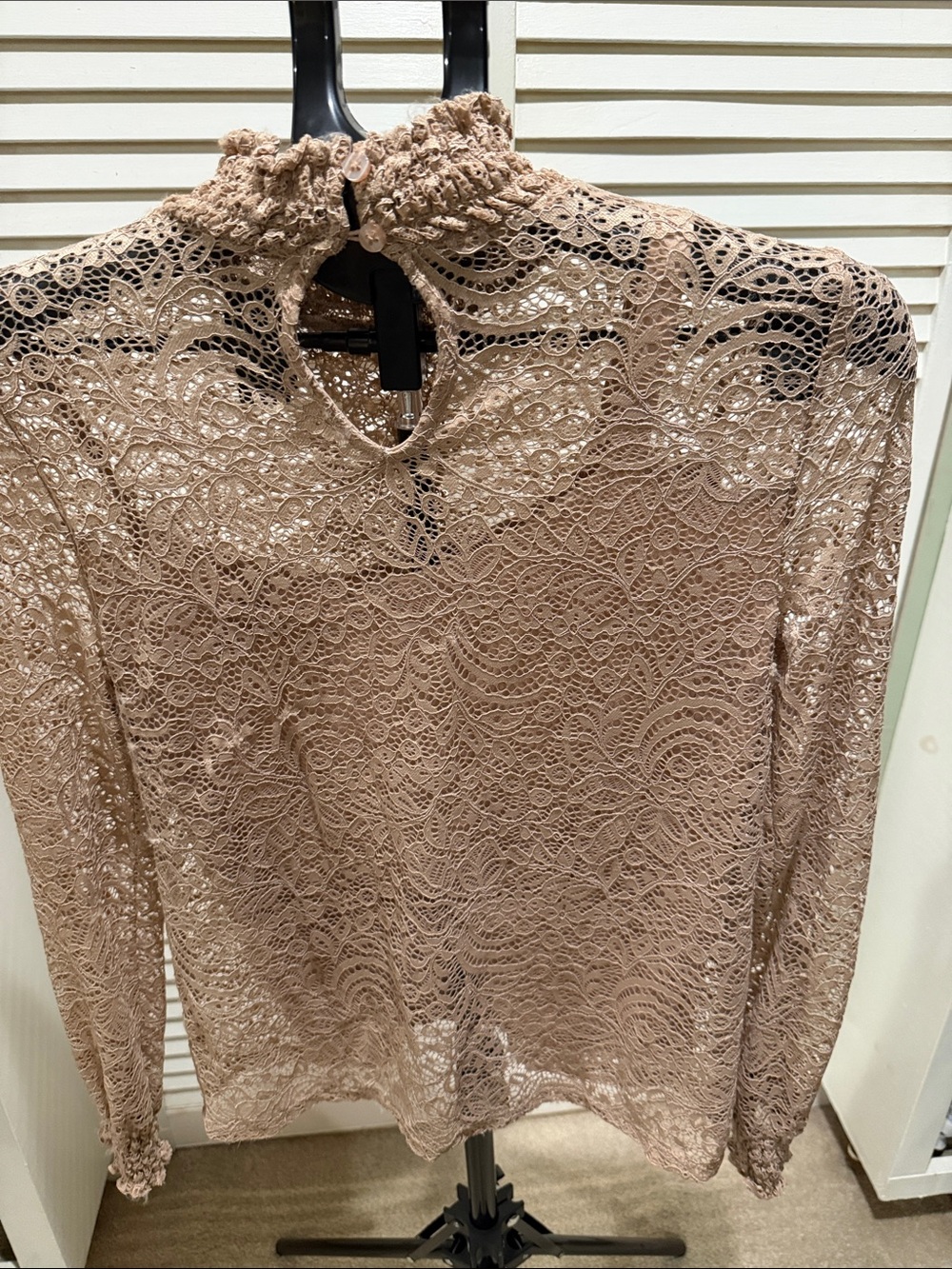 Women’s Lace Mock Neck Blouse - Taupe - Picture 3 of 5